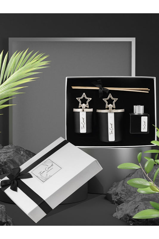 Özel Tasarım Kutulu Çikolata Kokulu Gümüş Tepelikli 3lü Bardak Mum ve Oda Koku Seti