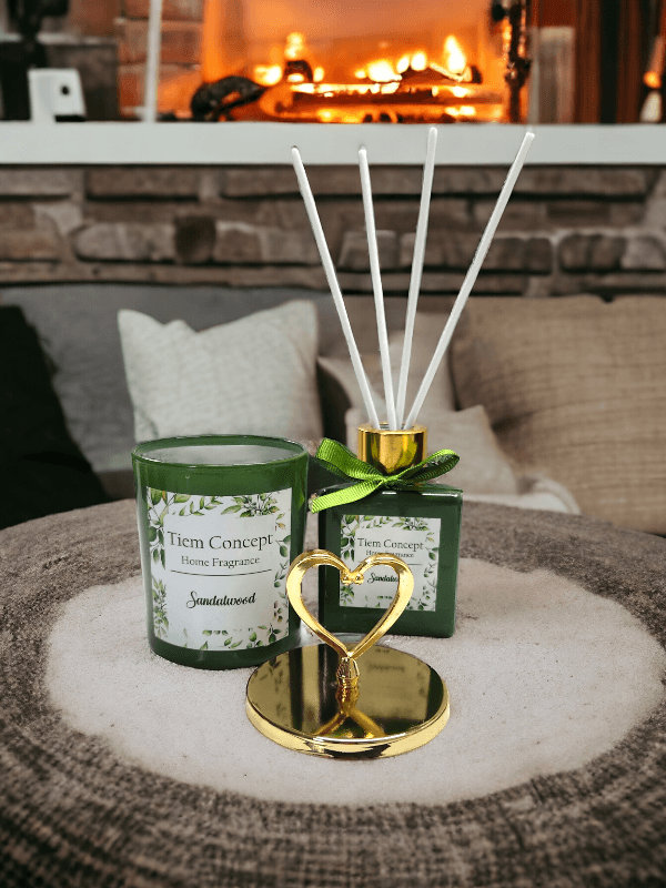 Heart Gold Headed Sandalwood Scented Green Glass Candle and Room Fragrance Set 100 ml