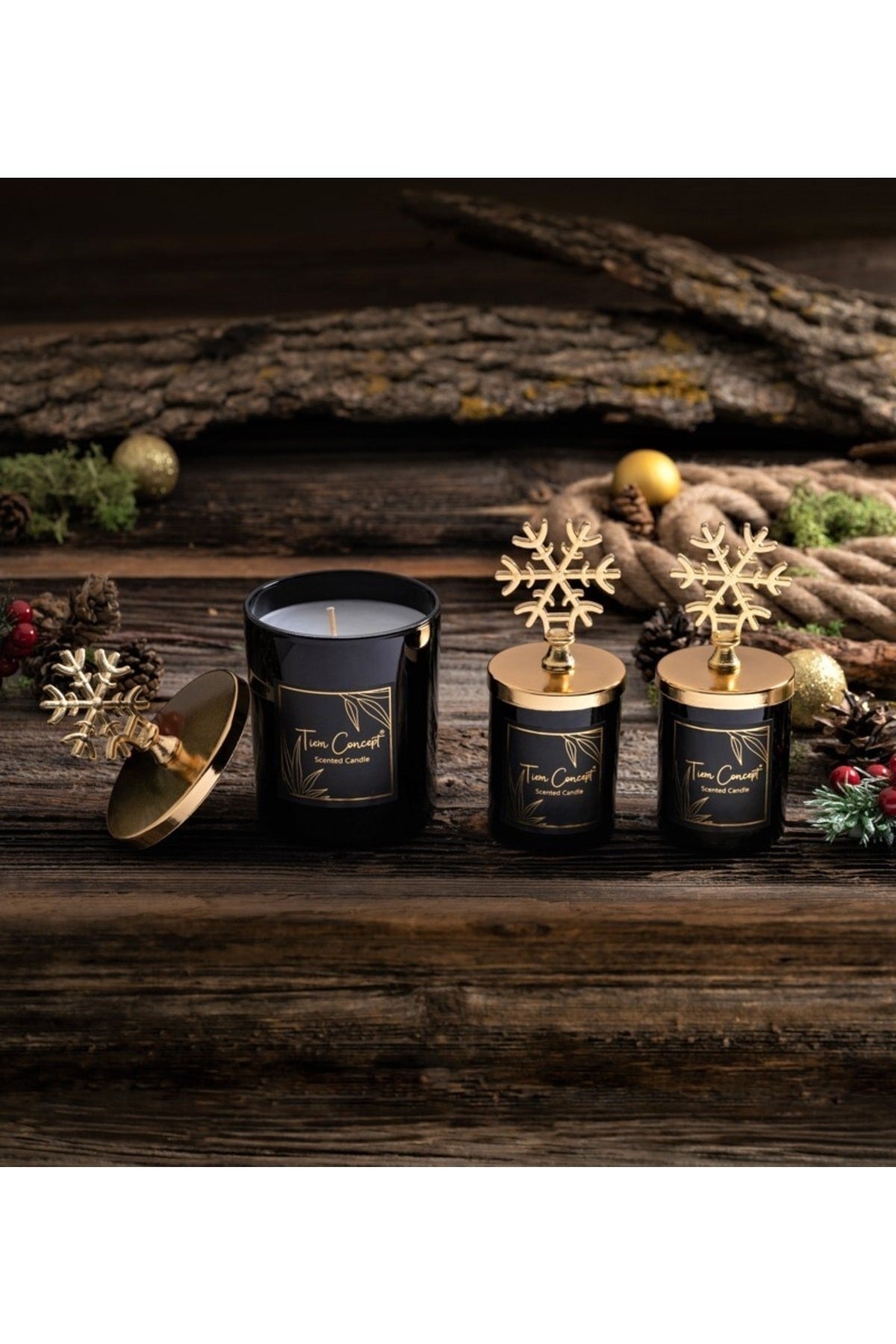 Dekoratif Özel Tasarım Gold Kar taneli Vanilya Kokulu 3'lü Siyah Bardak Mum Seti
