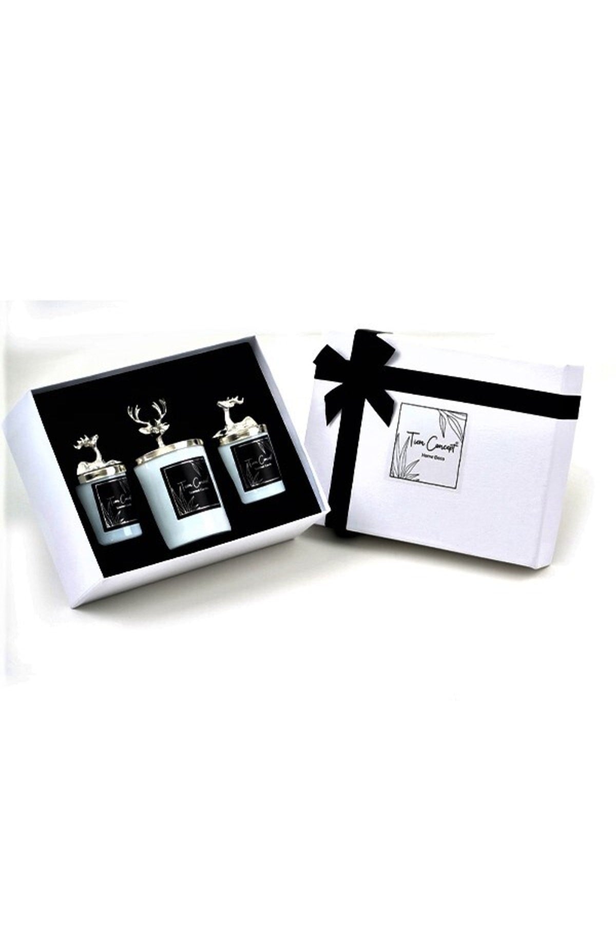 Dekoratif Hediye Kutulu Vanilya Kokulu Gümüş Geyikli 3 'lü Beyaz Bardak Mum Seti