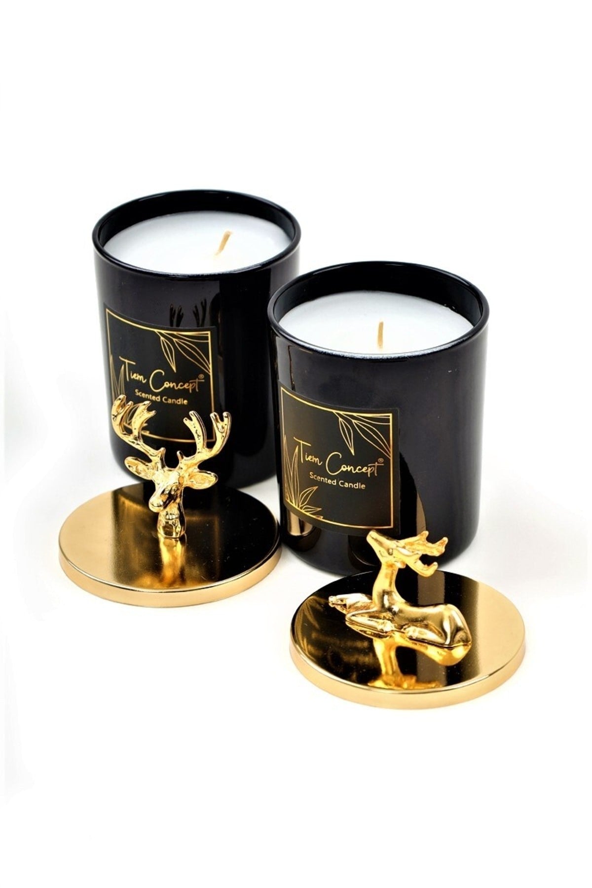 Tiem Concept Decorative Special Design Gold Deer Headed 2-Piece Black Glass Candle Set