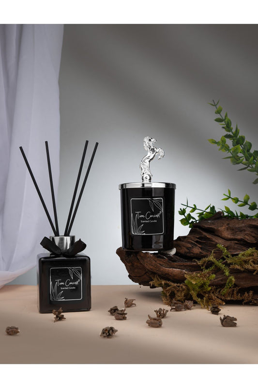 Decorative Horse Head Silver Detailed Stick Room Fragrance 100 ml and Black Glass Candle Set