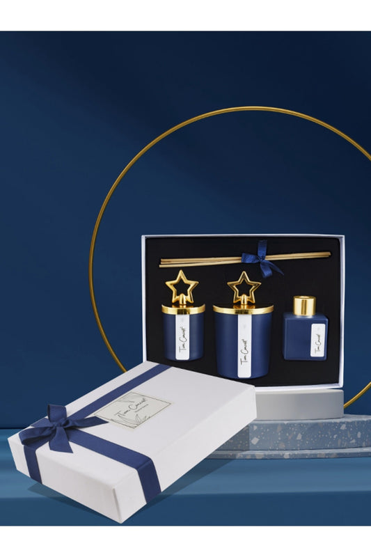 Özel Tasarım Kutulu Okyanus Kokulu Gold Tepelikli 3lü Bardak Mum ve Oda Koku Seti
