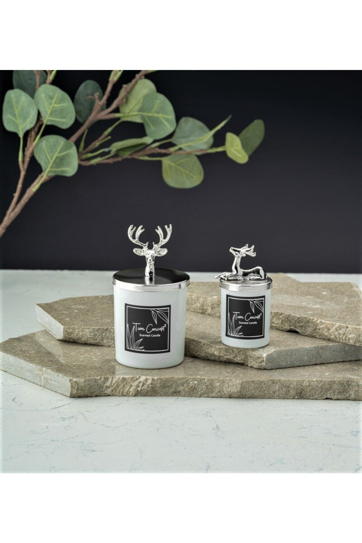 Tiem Concept Special Design Decorative Silver Deer Vanilla Scented 2-Piece White Glass Candle Set