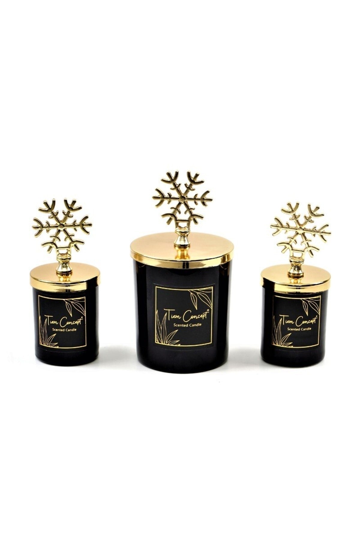 Dekoratif Özel Tasarım Gold Kar taneli Vanilya Kokulu 3'lü Siyah Bardak Mum Seti