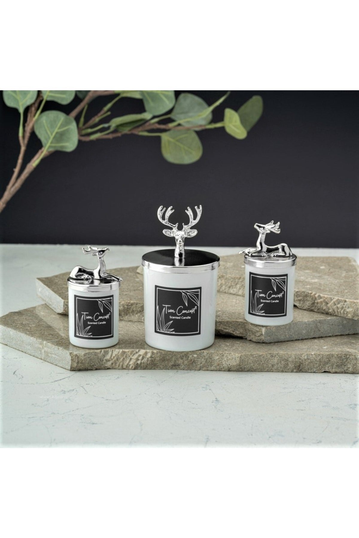 Tiem Concept Special Design Decorative Silver Deer Vanilla Scented 3-Piece White Glass Candle Set