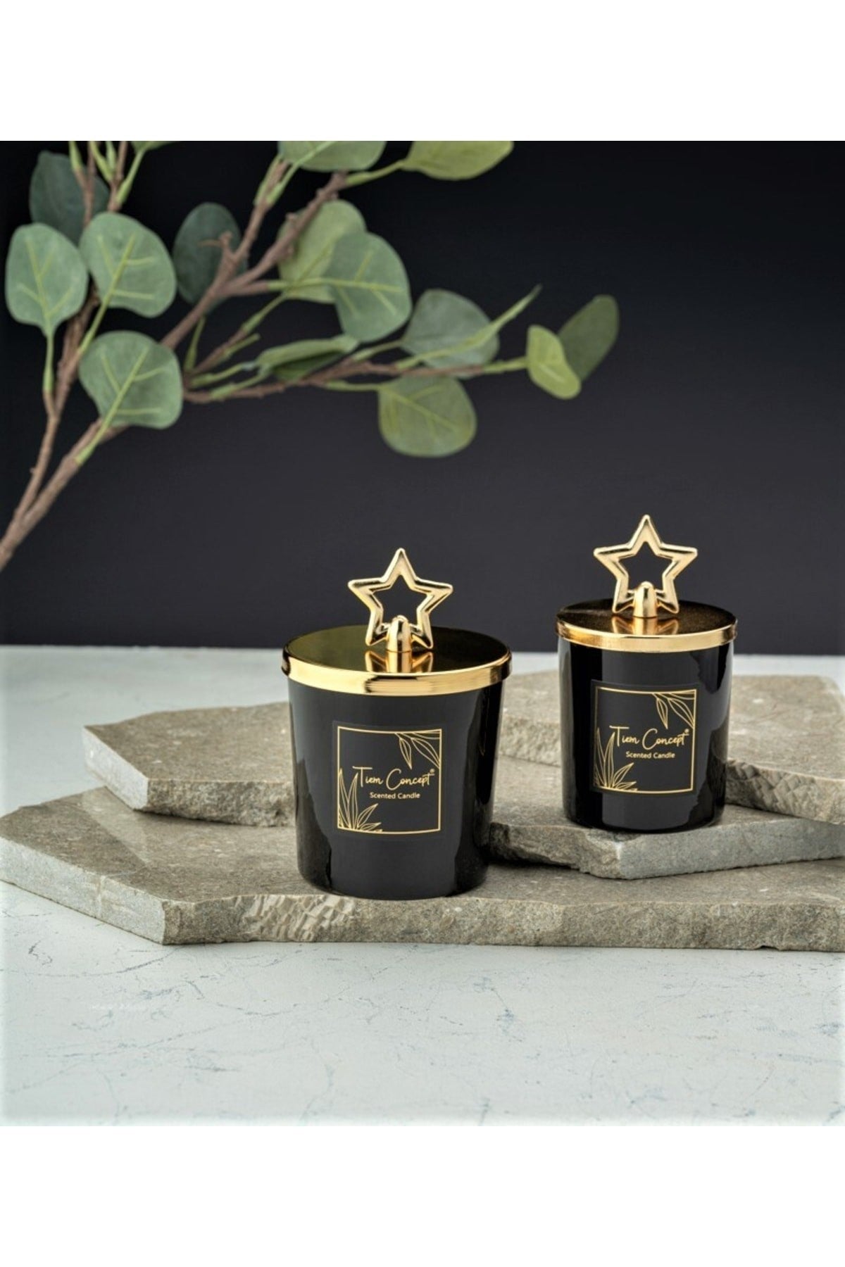 Dekoratif Gold Yıldız Başlıklı Büyük 2 'li Siyah Bardak Mum Seti