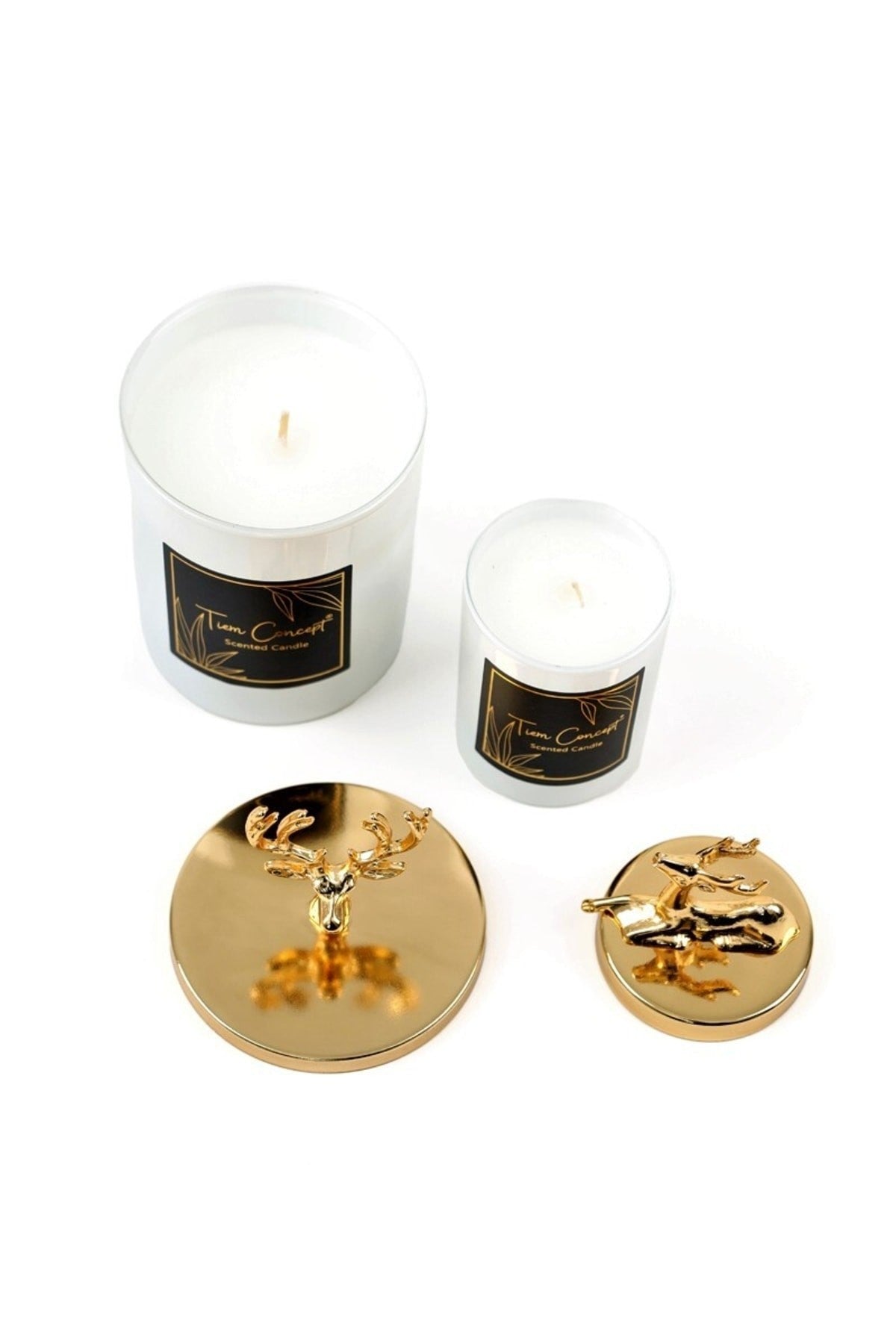 Tiem Concept Special Design Decorative Gold Deer Vanilla Scented 2-Piece White Glass Candle Set