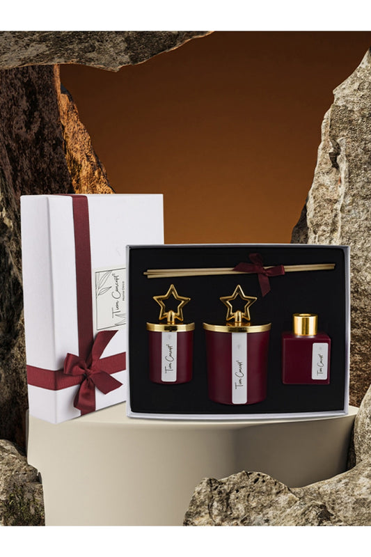 Özel Tasarım Kutulu Amber Kokulu Gold Tepelikli 3lü Bardak Mum ve Oda Koku Seti