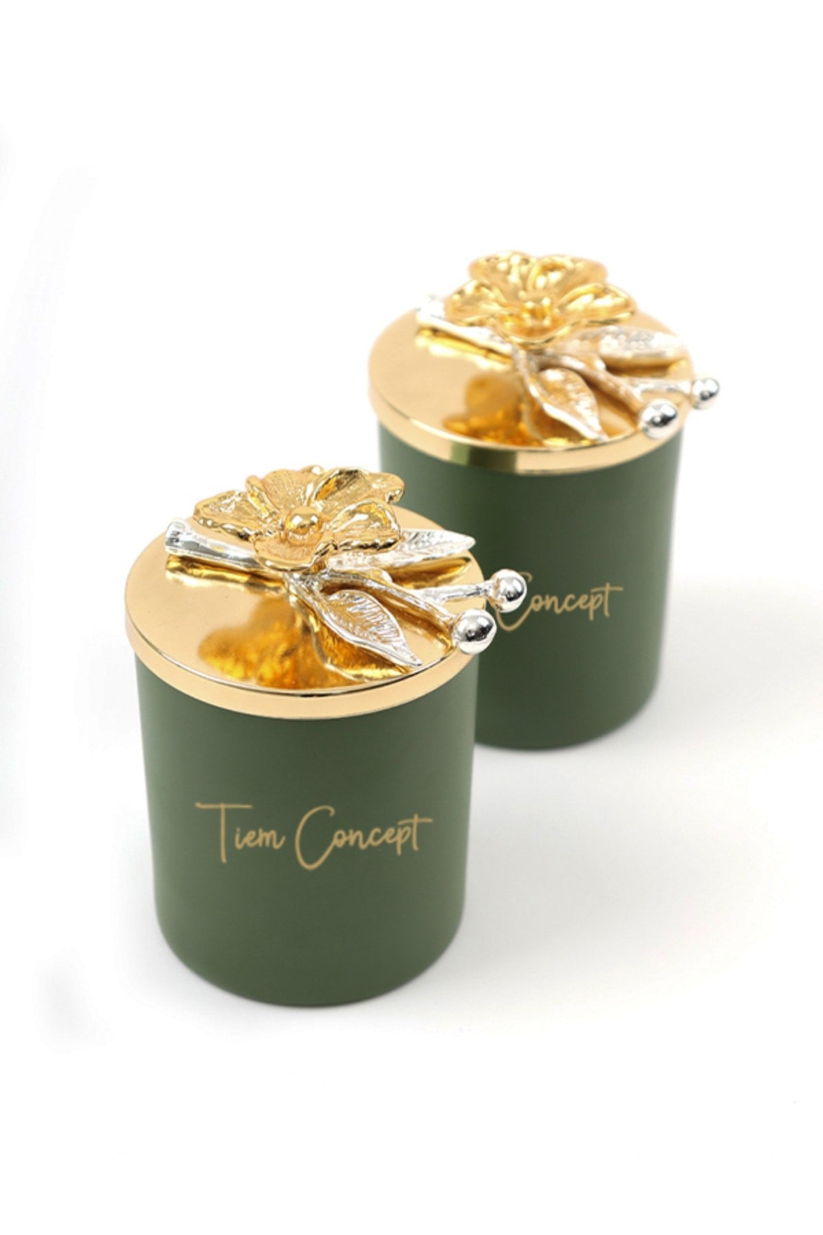 Dekoratif Özel Tasarım Gold Çiçek Tepelikli Yeşil Çay Kokulu 2li Yeşil Bardak Mum Seti