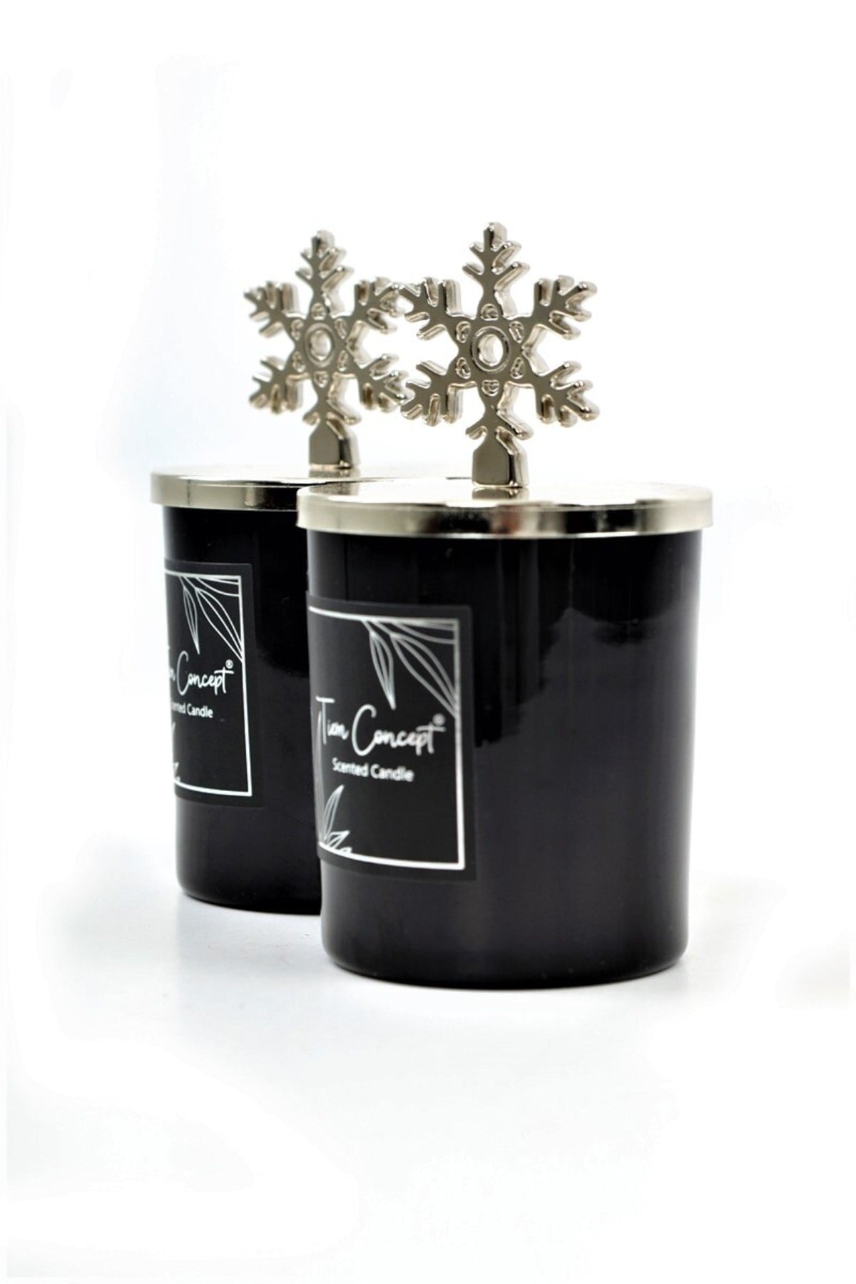 Dekoratif Özel Tasarım Gümüş Kar Tanesi Başlıklı 2 'li Siyah Bardak Mum Seti
