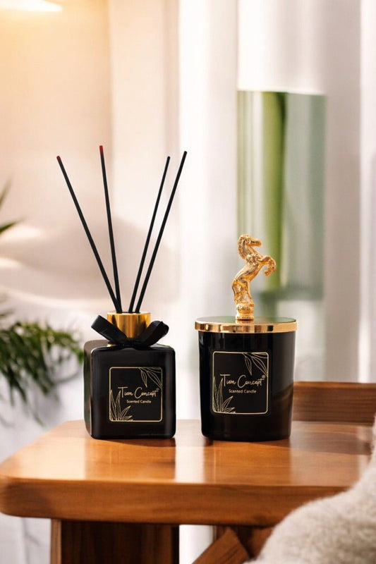 Decorative Horse Head Gold Detailed Stick Room Fragrance 100 ml and Black Glass Candle Set