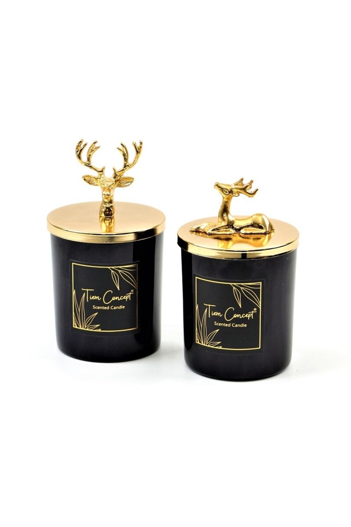 Tiem Concept Decorative Special Design Gold Deer Headed 2-Piece Black Glass Candle Set