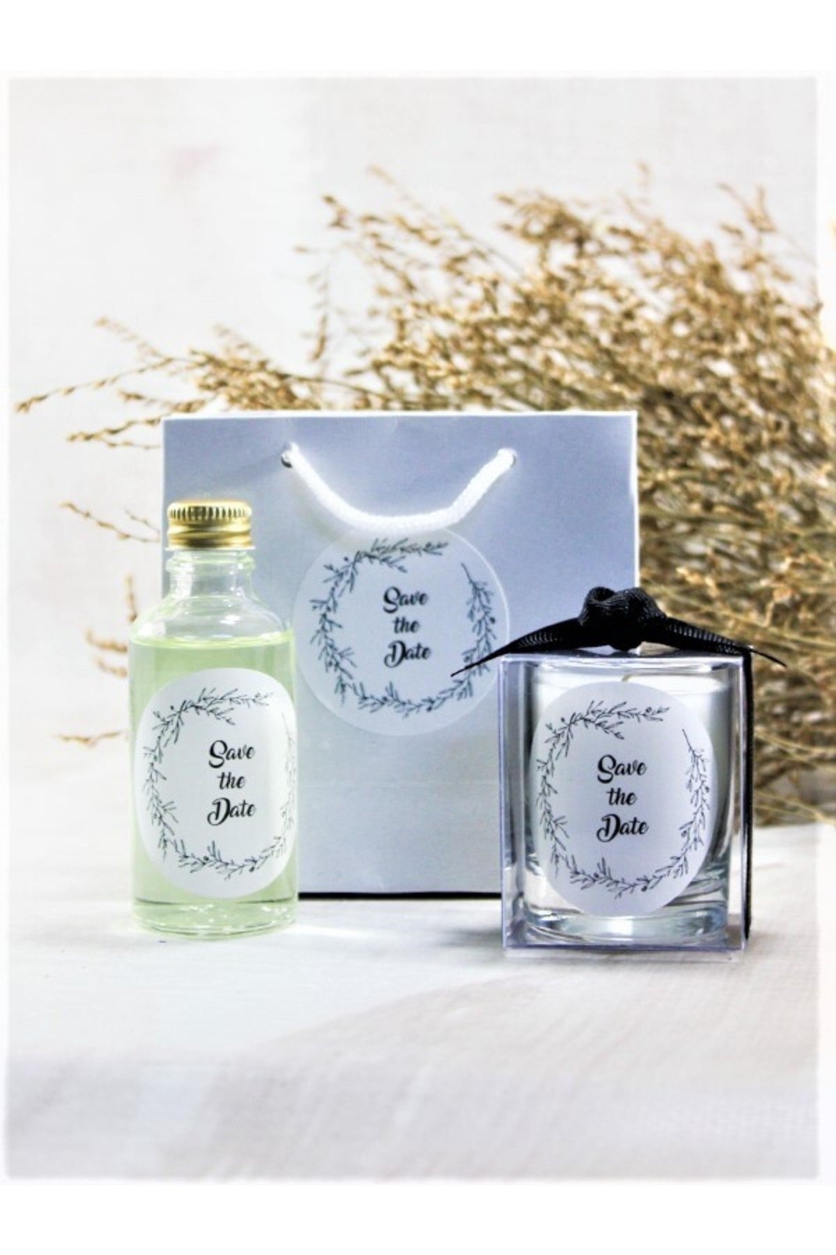 Kişiye Özel Nikah şekeri Baskılı Çantalı Kolonya ve Bardak Mum Seti 10'lu