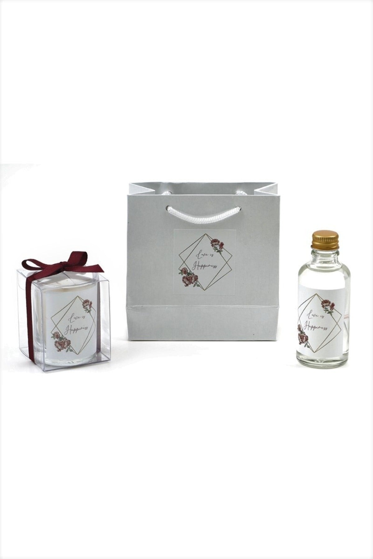 Kişiye Özel Nikah şekeri Baskılı Çantalı Kolonya ve Bardak Mum Seti 10'lu