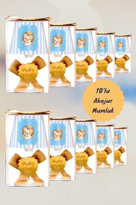 Baby Gift Boxed Custom Name Blue Lion Printed Lampshade Candle Set of 10