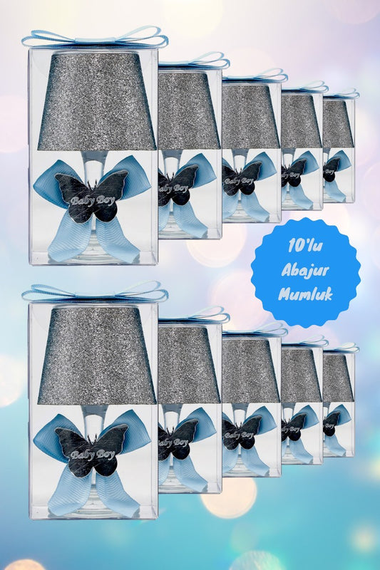 Baby Gift Boxed Named Baby Gift Blue Glitter Lampshade Candle Set of 10