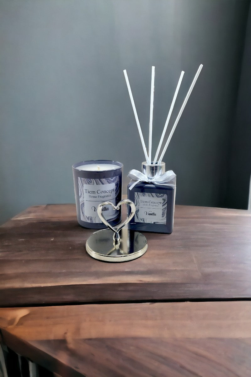 Heart Silver Head Vanilla Scented Gray Glass Candle and Room Fragrance Set 100 ml
