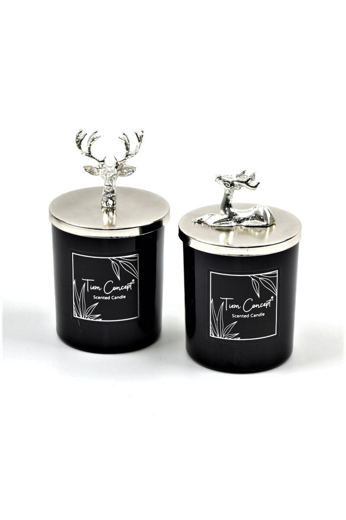 Dekoratif Gümüş Renk Geyik Başlıklı 2'li Siyah Bardak Mum Seti