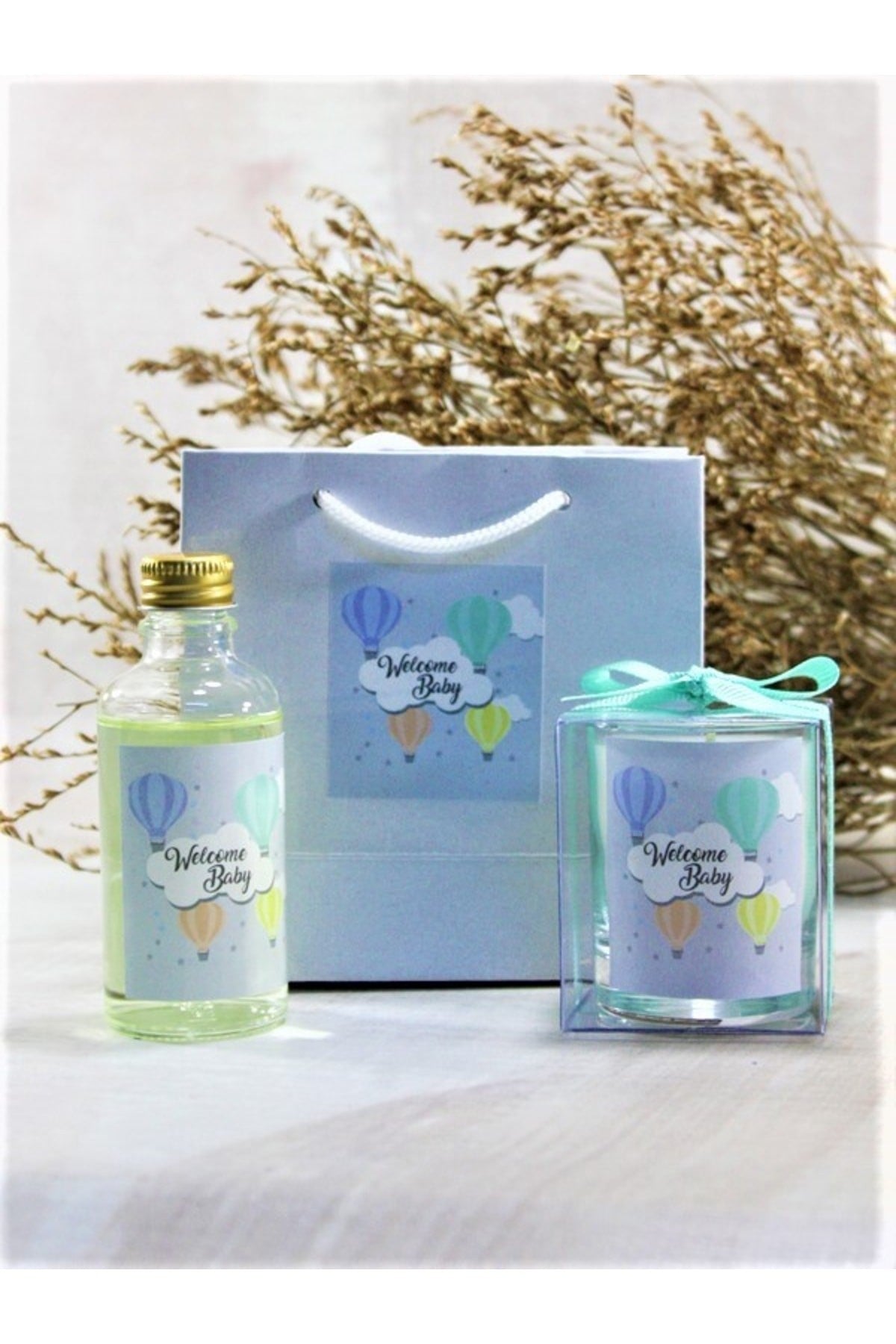 Kişiye Özel Bebek Hediyelik Doğum ve Doğumgünü Çantalı Kolonya ve Mum Seti 10'lu