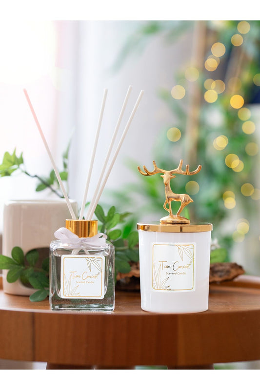 Geyik Başlıklı Gold Detaylı Çubuklu Oda Kokusu 100 ml ve Beyaz Bardak Mum Seti