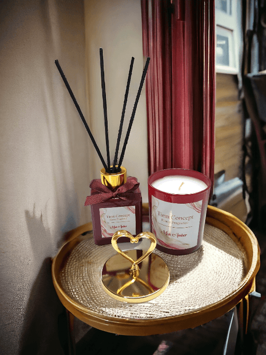 Heart Headed Gold Detailed Room Fragrance and Burgundy Candle Set 100 ml