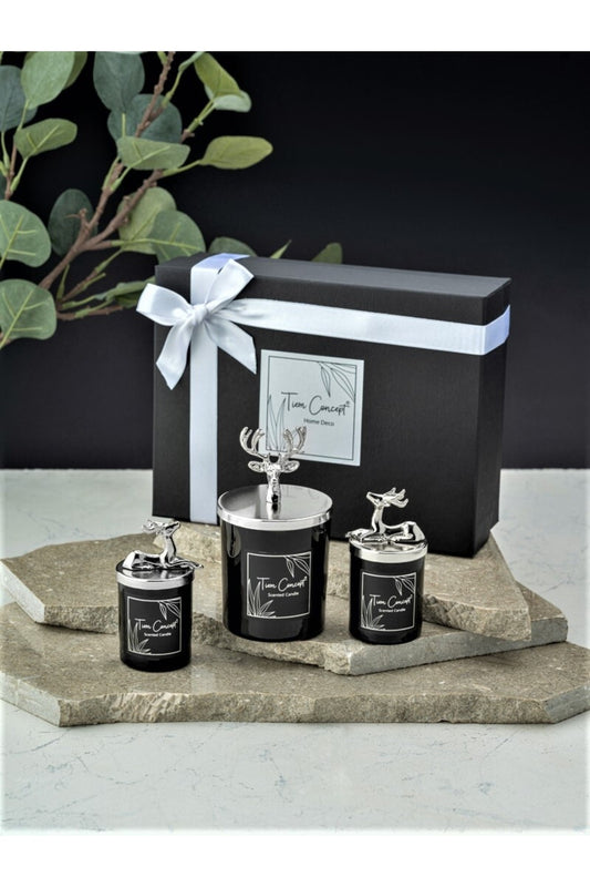 Yılbaşı Dekoratif Hediye Kutulu Vanilya Kokulu Gümüş Geyikli 3'lü Siyah Bardak Mum Seti