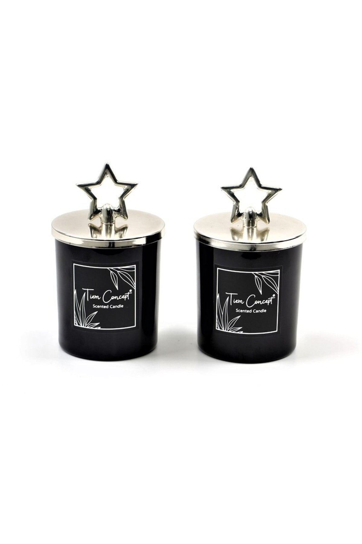 Tiem Concept Decorative Special Design Silver Star Headed 2-Piece Black Glass Candle Set