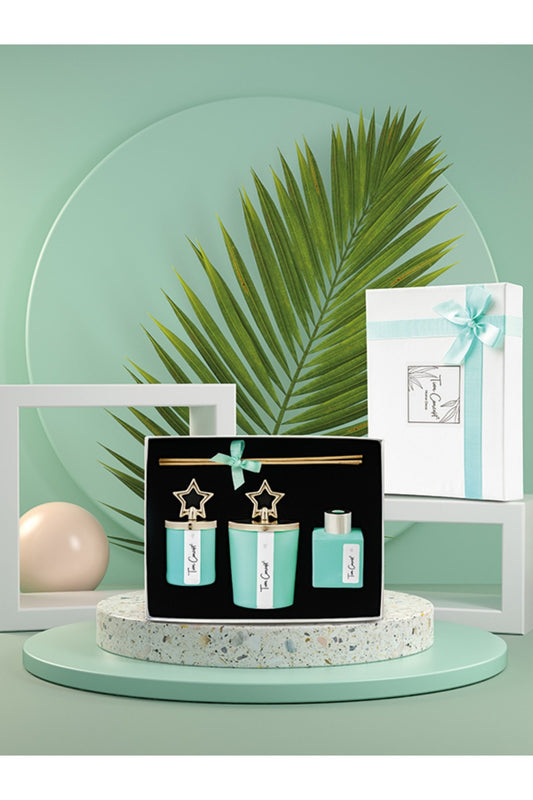 Özel Tasarım Kutulu Yeşil Çay Kokulu Gümüş Tepelikli 3lü Bardak Mum ve Oda Koku Seti