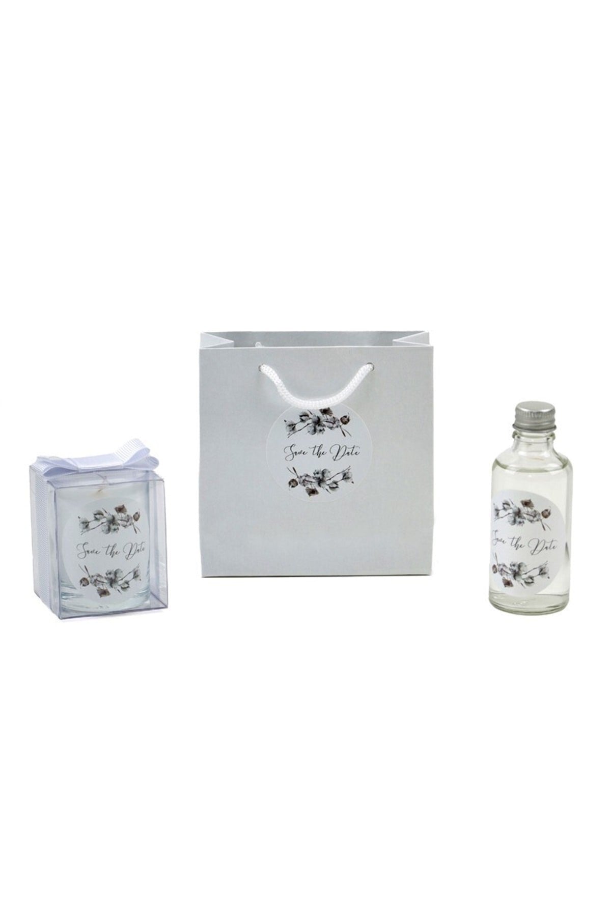 Kişiye Özel Nikah şekeri Baskılı Çantalı Kolonya ve Bardak Mum Seti 10'lu