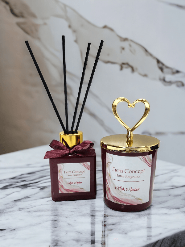 Heart Headed Gold Detailed Room Fragrance and Burgundy Candle Set 100 ml