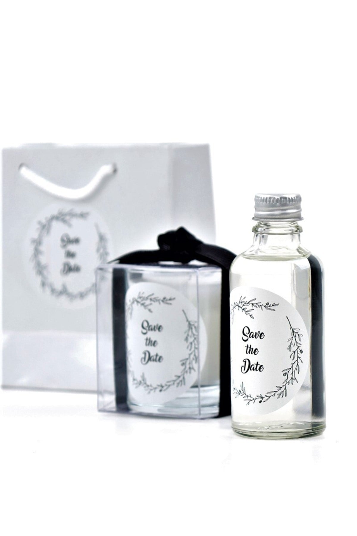 Kişiye Özel Nikah şekeri Baskılı Çantalı Kolonya ve Bardak Mum Seti 10'lu