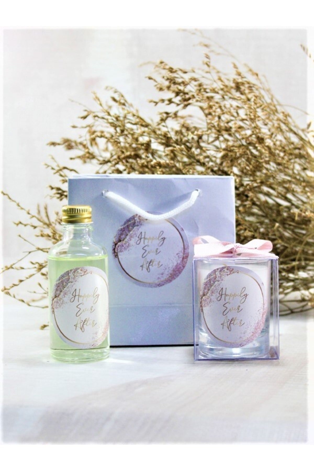 Kişiye Özel Nikah şekeri Baskılı Çantalı Kolonya ve Bardak Mum Seti 10'lu