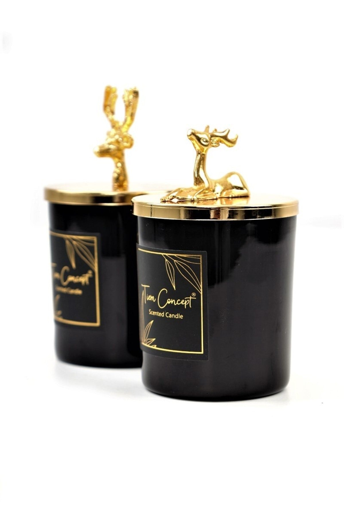 Tiem Concept Decorative Special Design Gold Deer Headed 2-Piece Black Glass Candle Set