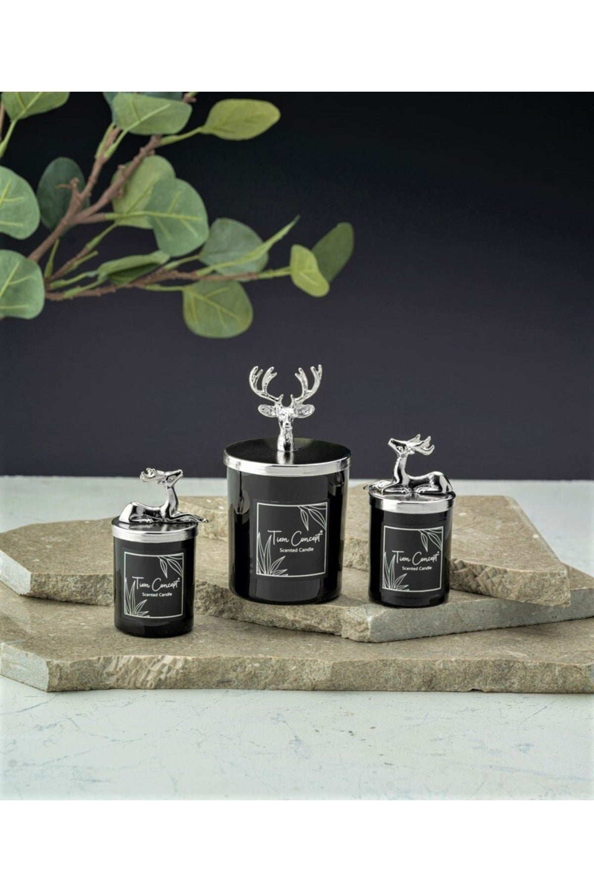 Dekoratif Gümüş Geyikli Vanilya Kokulu 3'lü Siyah Bardak Mum Seti