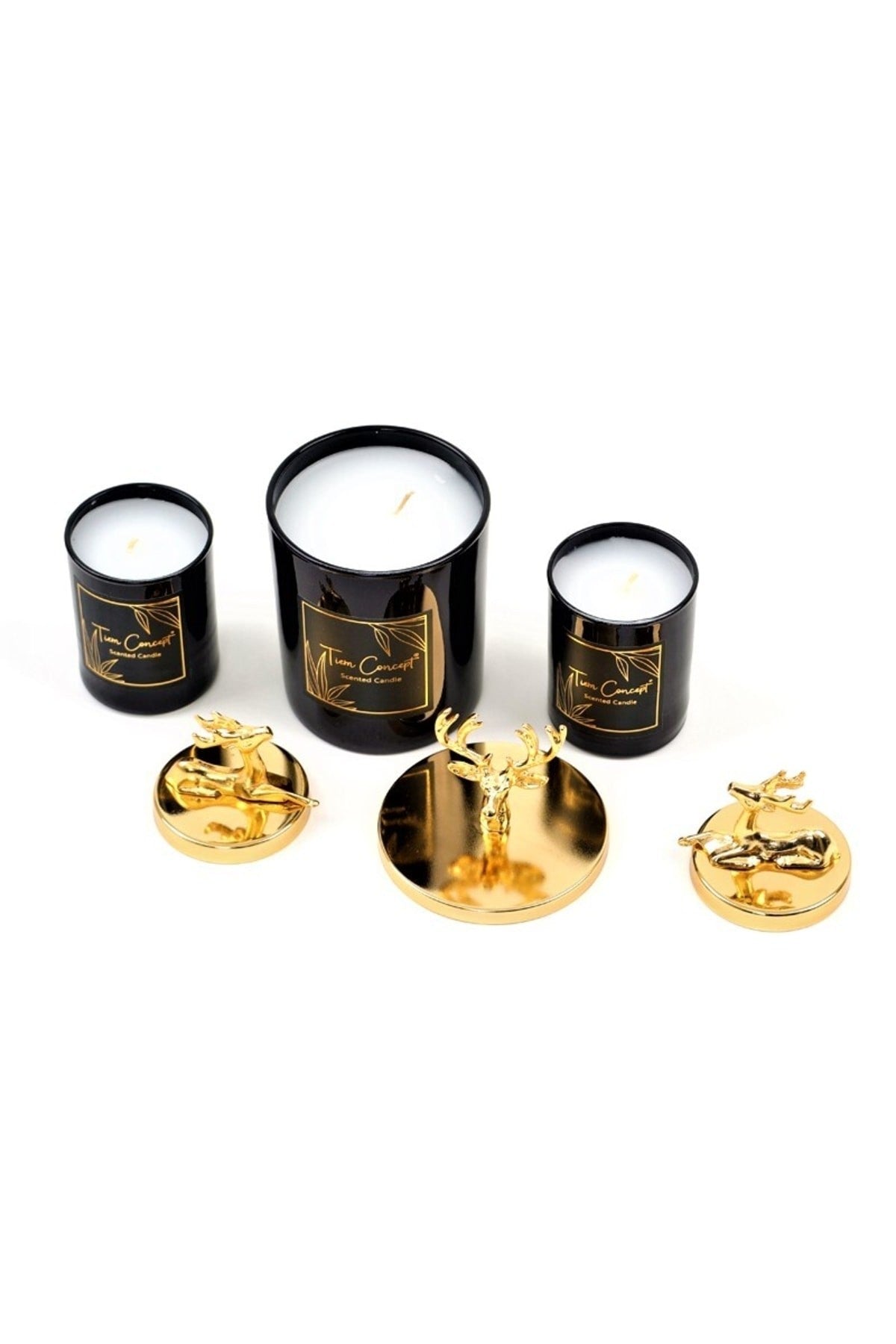 Dekoratif Gold Geyikli Vanilya Kokulu 3'lü Siyah Bardak Mum Seti