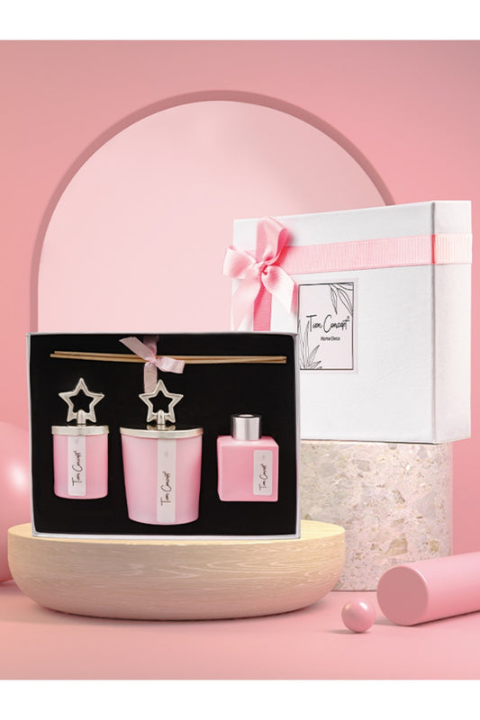 Özel Tasarım Kutulu Pudra Kokulu Gümüş Tepelikli 3lü Bardak Mum ve Oda Koku Seti