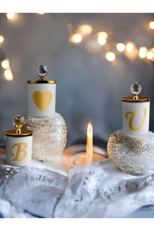 Dekoratif Kişiye Özel Harfli Vanilyalı Gold Kristalli 3'lü Bardak Mum Seti