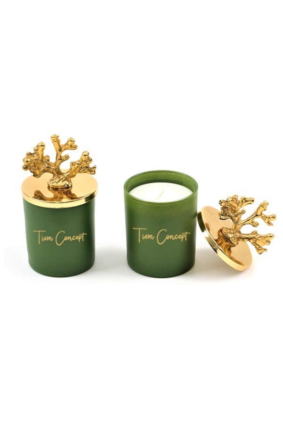 Tiem Concept Decorative Special Design Gold Coral Top Green Tea Scented 2-Piece Green Glass Candle Set