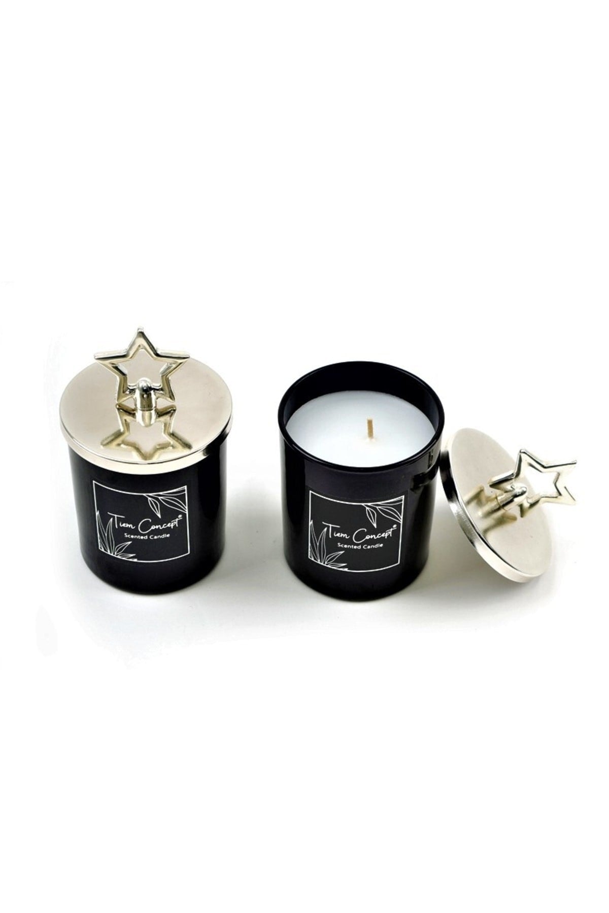 Tiem Concept Decorative Special Design Silver Star Headed 2-Piece Black Glass Candle Set