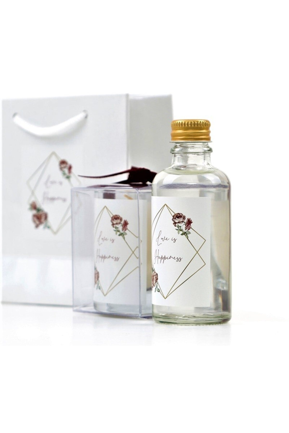 Kişiye Özel Nikah şekeri Baskılı Çantalı Kolonya ve Bardak Mum Seti 10'lu