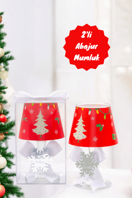 Yılbaşı Çam Ağacı Konseptli Kırmızı Abajur Mumluk Seti ( 2 Adet )