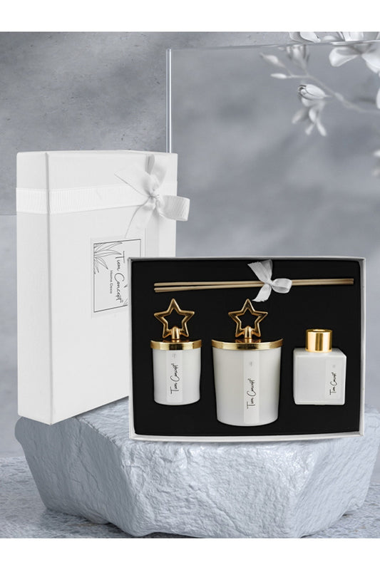 Özel Tasarım Kutulu Vanilya Kokulu Gold Tepelikli 3lü Bardak Mum ve Oda Koku Seti