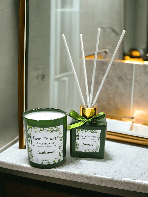 Heart Gold Headed Sandalwood Scented Green Glass Candle and Room Fragrance Set 100 ml