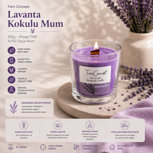 Lavanta Kokulu Soya Mum – %100 Doğal Soya Wax, Ahşap Fitilli, Cam Bardakta Dekoratif ve Hediyelik Mum