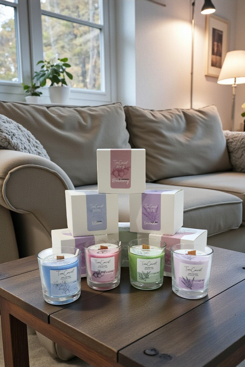 Çilek Kokulu Ahşap Fitilli %100 Soya Mum - Şeffaf Bardak Kırmızı Renkli Aromaterapi 150cc