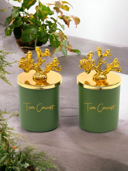 Dekoratif Özel Tasarım Gold Mercan Tepelikli Yeşil Çay Kokulu 2li Yeşil Bardak Mum Seti