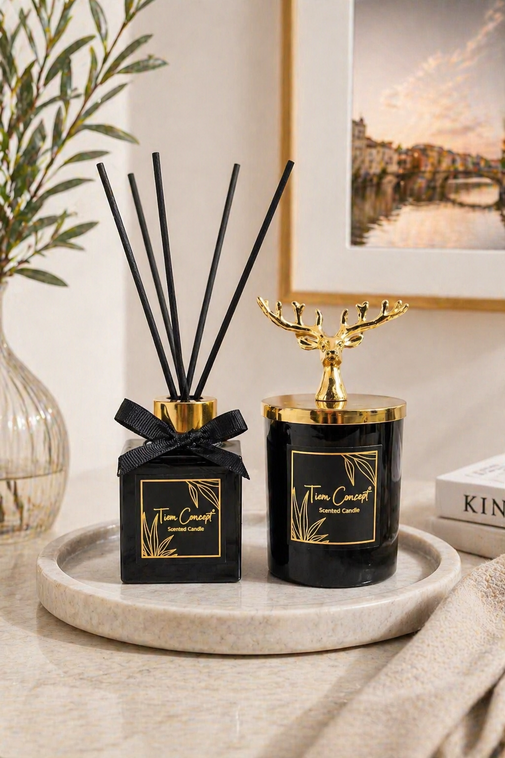 Geyik Başlıklı Gold Detaylı Oda Kokusu Ve Siyah Mum Seti 100 ml