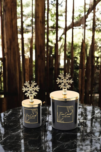 Tiem Concept Decorative Gold Snowflake Vanilla Scented Black Glass Candle Set of 2 