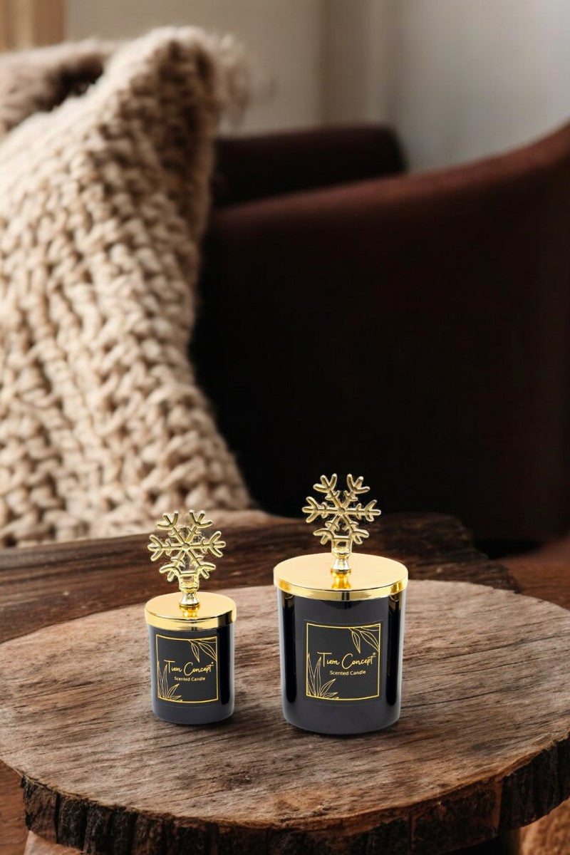 Tiem Concept Decorative Gold Snowflake Vanilla Scented Black Glass Candle Set of 2 